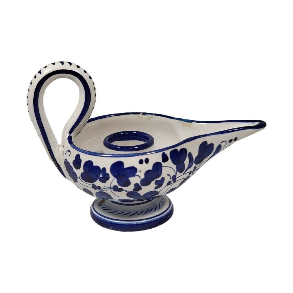 Deruta Cobalt Blue White Pottery Vintage Candle Chamberstick Holder Aladdin Lamp